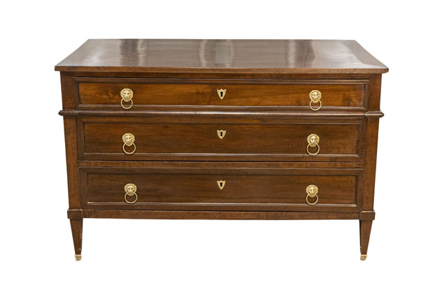 French Louis XVI Style 1890s Walnut Three-Drawer Commode with Lion Head Hardware - LiL