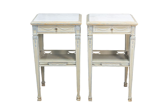 Pair of 19th Century French Marble Top Nightstands DLW