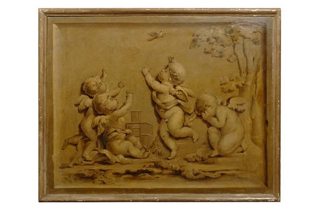 French 1820s Horizontal Grisaille Painting Depicting Cherubs Chasing a Bird