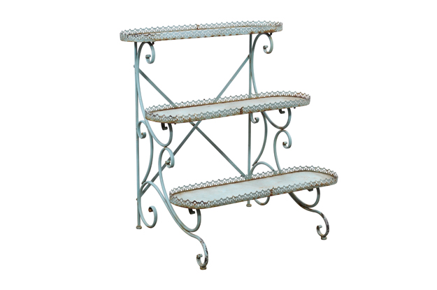 SOLD - Northern French Blue Painted Iron Three-Tiered Flower Stand with Pierced Gallery